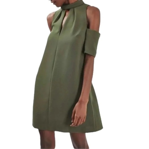 TOPSHOP Dark Green Keyhole Cold Shoulder A Line Dress Size 6 - Picture 1 of 11